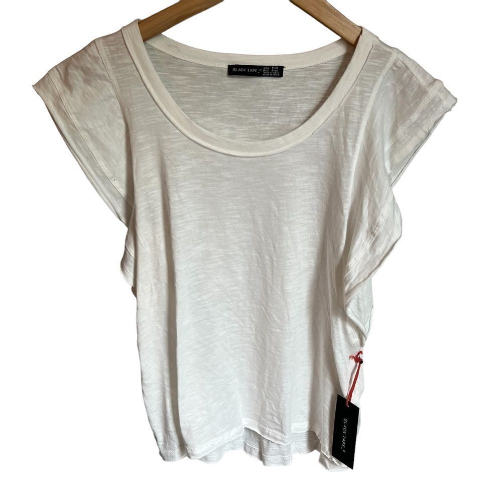 Black Tape Ruffle Tee Womens PM White 100% Cotton Cap Sleeve T-Shirt Top